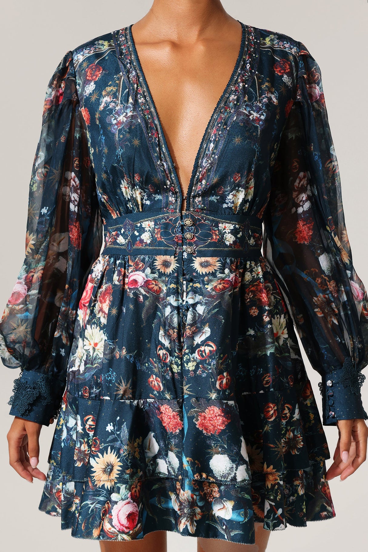 Eden Teal Floral Print Long Sleeve Mini Dress