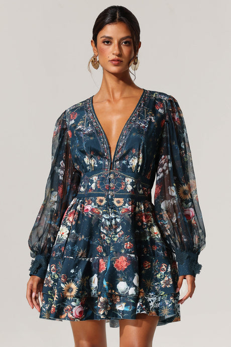 Eden Teal Floral Print Long Sleeve Mini Dress