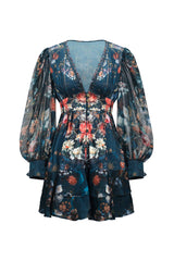Eden Teal Floral Print Long Sleeve Mini Dress