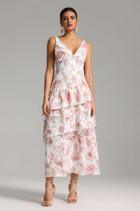 Eden White Floral Layered Maxi Dress V-neckline Lightweight Fabric