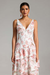 Eden White Floral Layered Maxi Dress V-neckline Lightweight Fabric