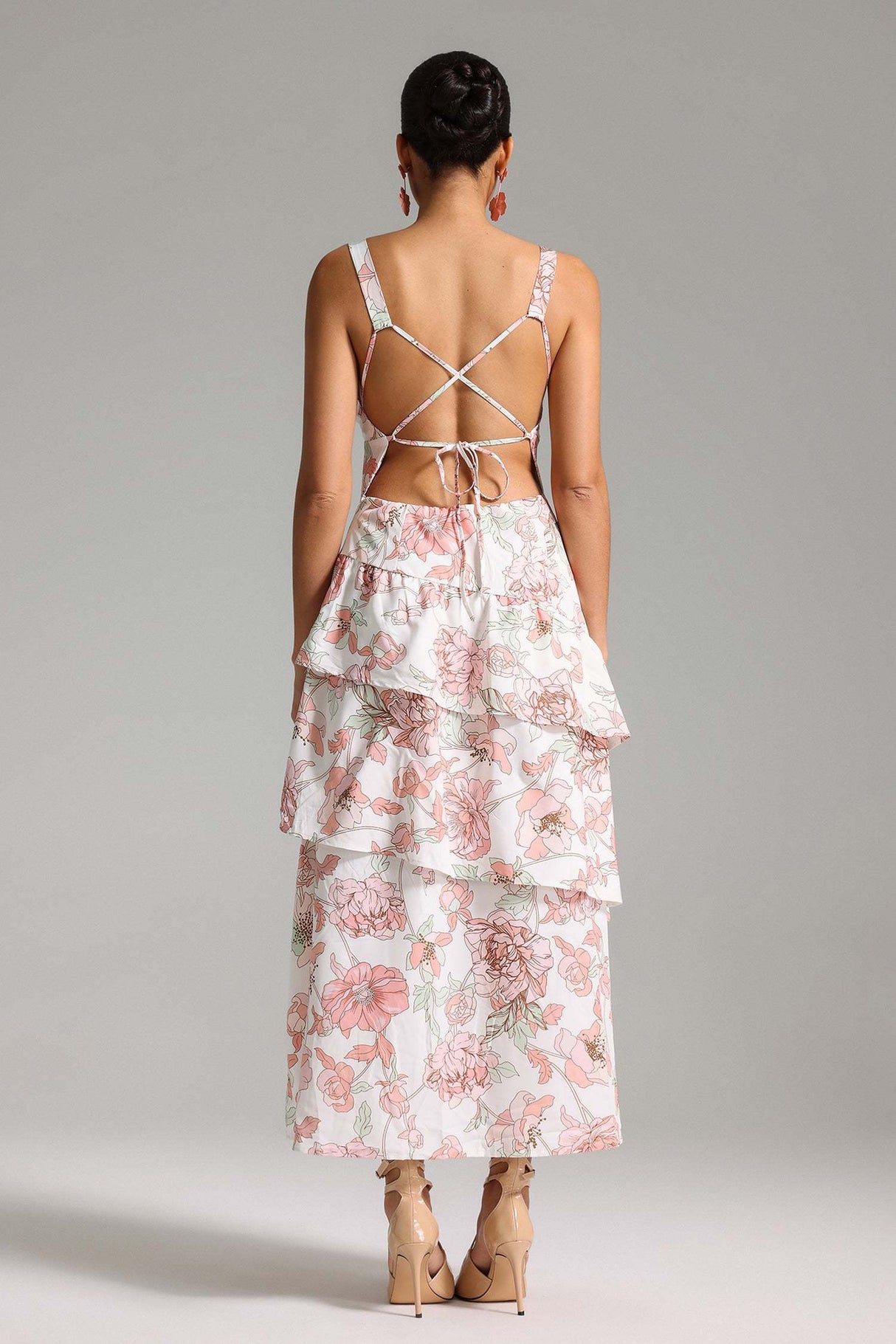 Eden White Floral Maxi Dress V-Neckline Layered Design