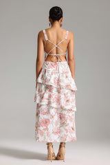 Eden White Floral Maxi Dress V-Neckline Layered Design