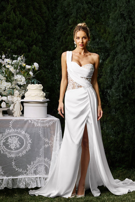Eden White One-Shoulder Lace Maxi Dress for Formal Occasions or Romantic Evenings