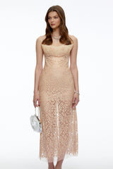 Edith Neutral Floral Lace Midi Dress