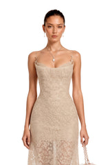 Edith Neutral Floral Lace Midi Dress