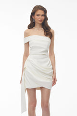 Edith White Off Shoulder Ruched Mini Dress with Ribbon Detail