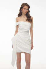 Edith White Off Shoulder Ruched Mini Dress with Ribbon Detail
