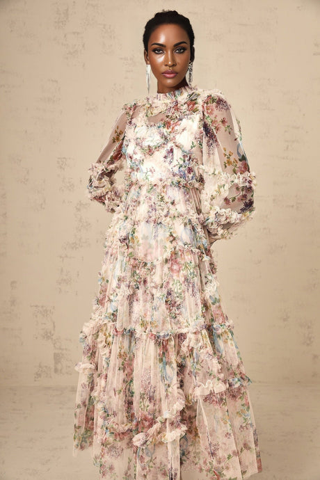 Edvige Midi Dress – Crew Neck – Long Sleeves – Floral Print