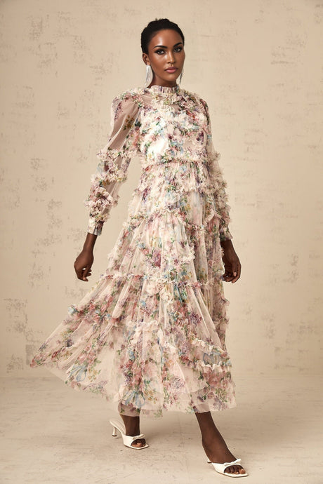 Edvige Midi Dress – Crew Neck – Long Sleeves – Floral Print