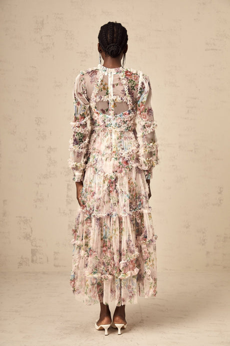 Edvige Midi Dress – Crew Neck – Long Sleeves – Floral Print
