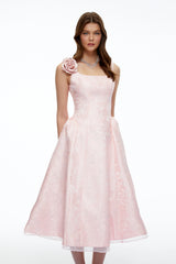 Edwina Pink Square Neck Floral Midi Dress