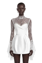 Eevi White Turtleneck Ruched Mini Dress with Lace Panels