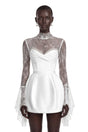 Eevi White Turtleneck Ruched Mini Dress with Lace Panels