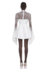 Eevi White Turtleneck Ruched Mini Dress with Lace Panels