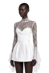 Eevi White Turtleneck Ruched Mini Dress with Lace Panels