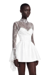 Eevi White Turtleneck Ruched Mini Dress with Lace Panels