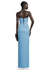 Efsun Blue Off Shoulder Satin Maxi Dress
