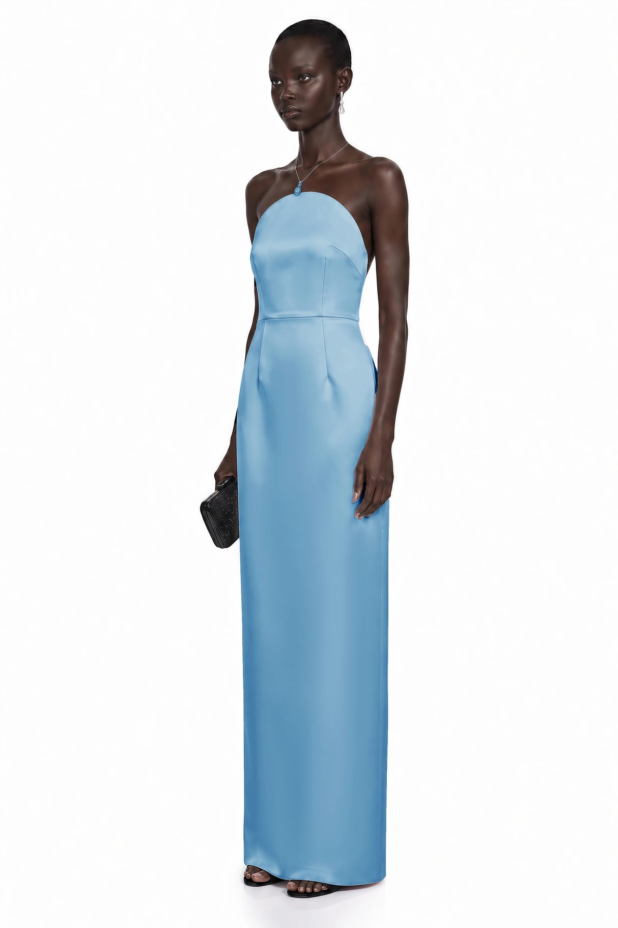 Efsun Blue Off Shoulder Satin Maxi Dress
