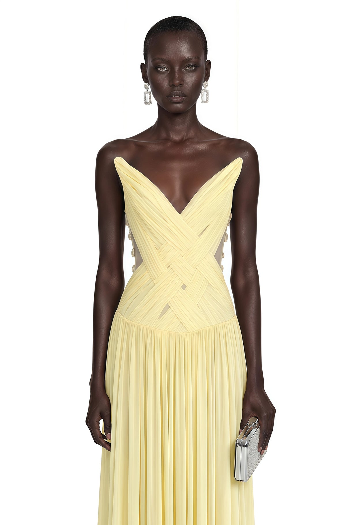 Eglantine Yellow Cross Front Ruched Maxi Dress