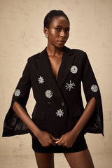 Egle Blazer - Peak Lapels - Crystal Embellishment - Cinched Waist - Front Button Fastening