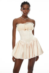 Eira Neutral Strapless Bubble Hem Mini Dress