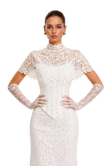 Eirian White High Neck Lace Maxi Dress with Cape Sleeves