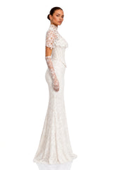 Eirian White High Neck Lace Maxi Dress with Cape Sleeves
