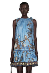 Eirlys Blue Tropical Bird Printed Ruched Mini Dress