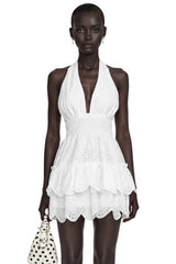 Eirlys White Eyelet Lace Halterneck Mini Dress
