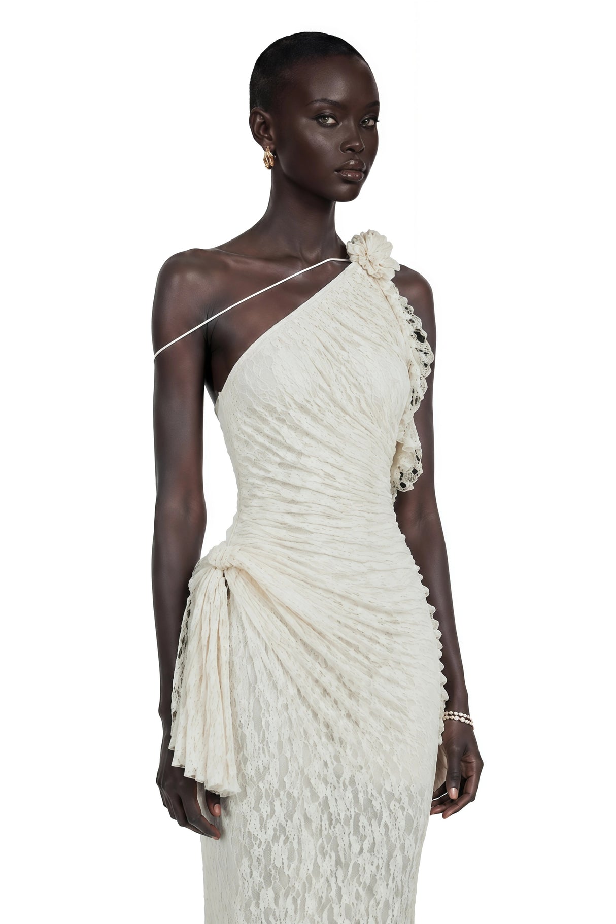 Ekaterina White One Shoulder Floral Lace Maxi Dress