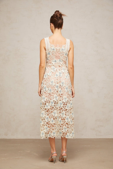 Elaina Midi Dress - Square Neck - Sleeveless - Floral Lace - Front Slit - Crystal Buttons