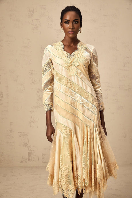 Elaina Midi Dress - V - neck - Panelled Design - Asymmetric Flared Hem - Diagonal Stripe Pattern - Lace Detailing