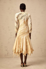 Elaina Midi Dress - V - neck - Panelled Design - Asymmetric Flared Hem - Diagonal Stripe Pattern - Lace Detailing