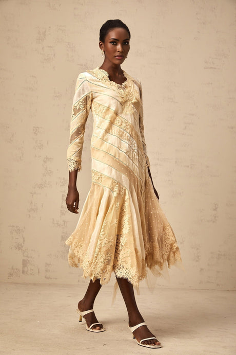 Elaina Midi Dress - V - neck - Panelled Design - Asymmetric Flared Hem - Diagonal Stripe Pattern - Lace Detailing