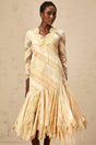 Elaina Midi Dress - V - neck - Panelled Design - Asymmetric Flared Hem - Diagonal Stripe Pattern - Lace Detailing