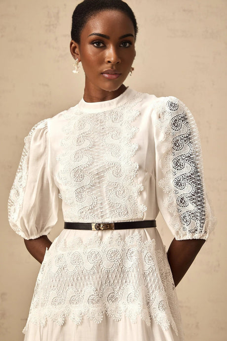 Elaina Midi Dress White Lace - Trim Panelled & Belted