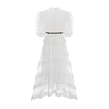 Elaina Midi Dress White Lace - Trim Panelled & Belted