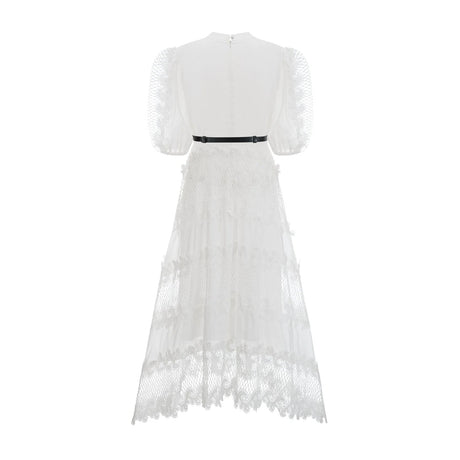Elaina Midi Dress White Lace - Trim Panelled & Belted