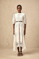 Elaina Midi Dress White Lace - Trim Panelled & Belted