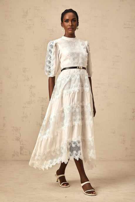Elaina Midi Dress White Lace - Trim Panelled & Belted