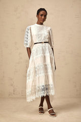 Elaina Midi Dress White Lace - Trim Panelled & Belted