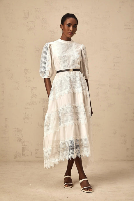 Elaina Midi Dress White Lace - Trim Panelled & Belted
