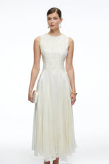 Elara White Sleeveless Round Neck Lace Midi Dress