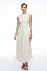 Elara White Sleeveless Round Neck Lace Midi Dress