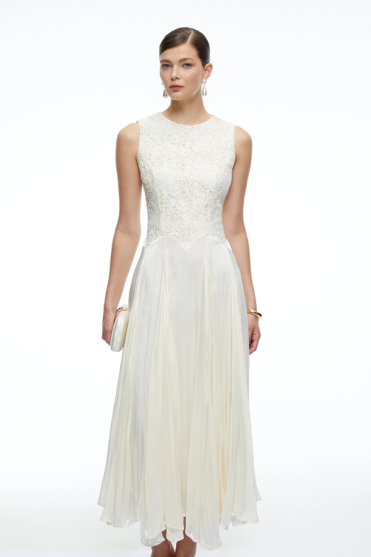 Elara White Sleeveless Round Neck Lace Midi Dress