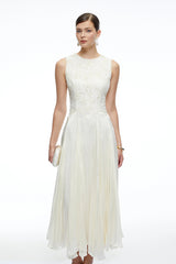 Elara White Sleeveless Round Neck Lace Midi Dress