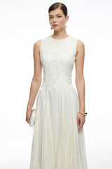 Elara White Sleeveless Round Neck Lace Midi Dress