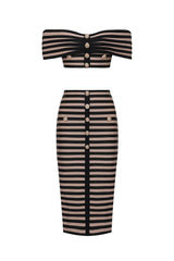 Elda Beige Striped Off-the-Shoulder Bodycon Dress with Button Detailing