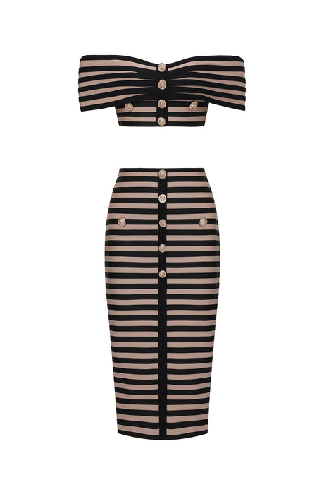 Elda Beige Striped Off-the-Shoulder Bodycon Dress with Button Detailing